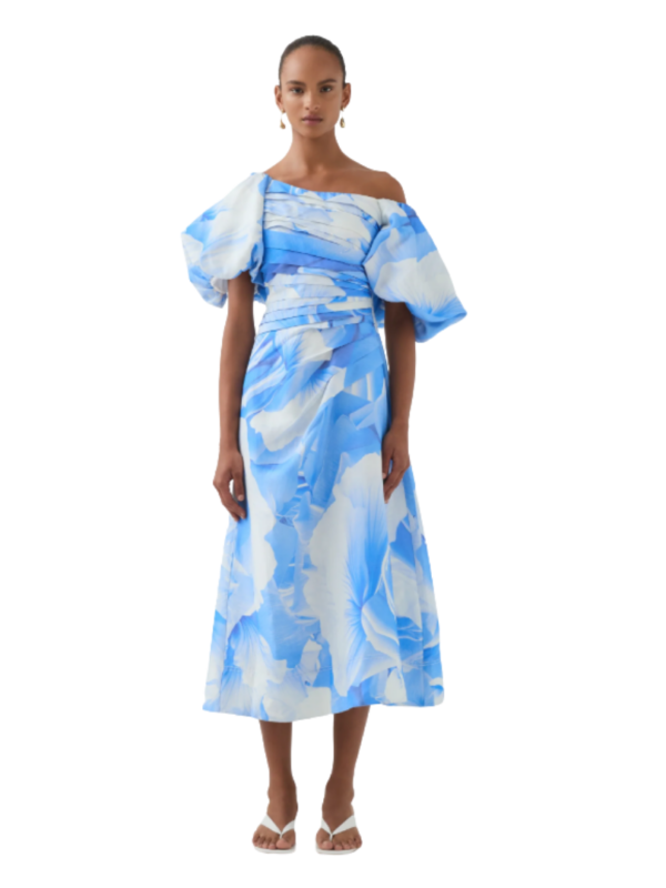 Aje Cadence Ruched Midi Dress - Floral Blue